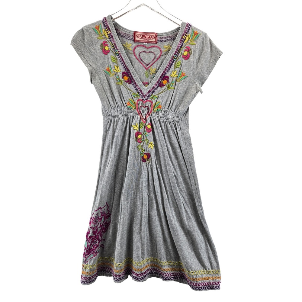 JWLA Johnny Was Grey Embroidered Heart Floral V-Neck‎ Empire Waist Dress Small